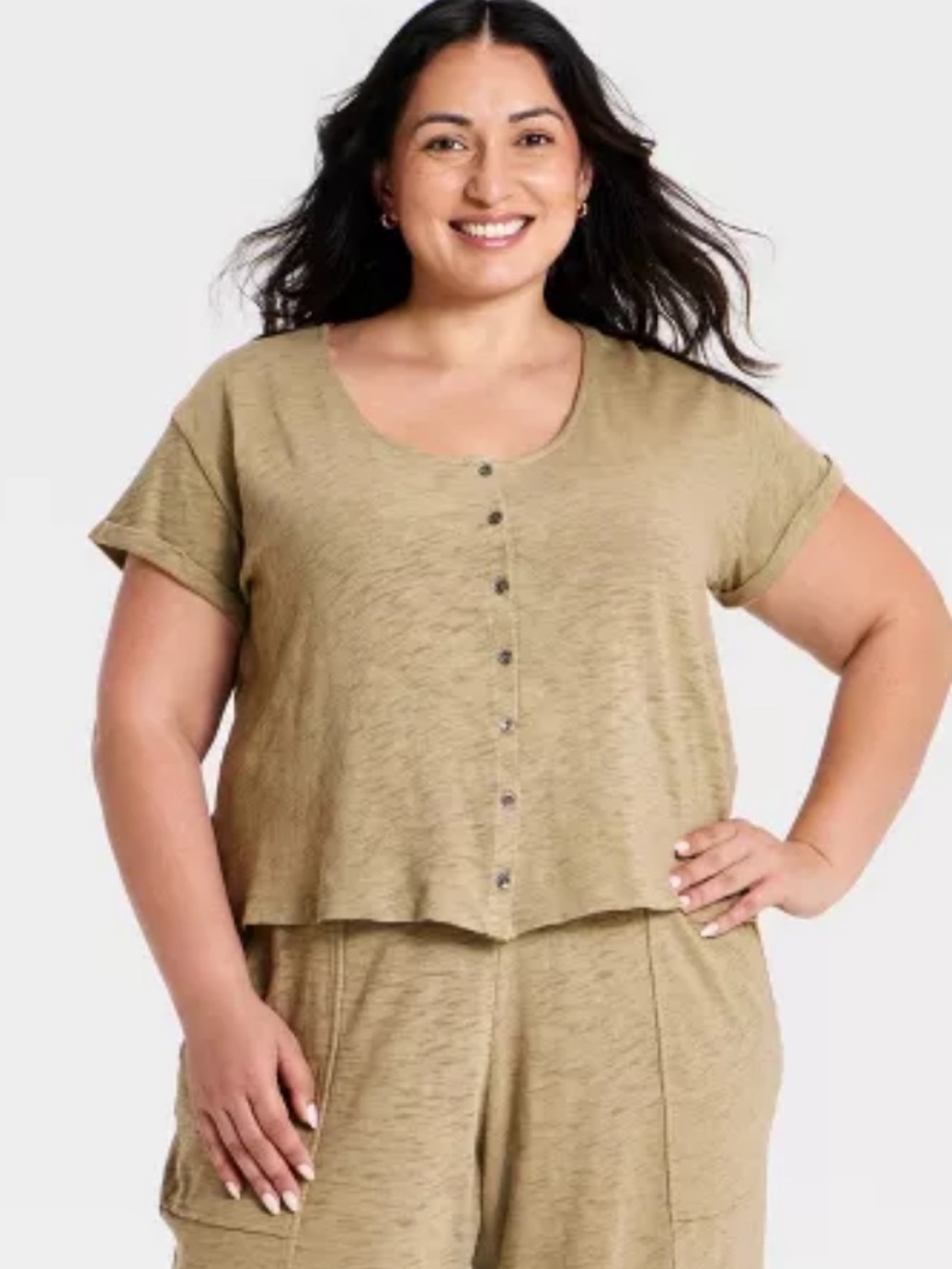Universal Thread Women's Short Sleeve Button-Front Scoop Neck T-Shirt Green XXL